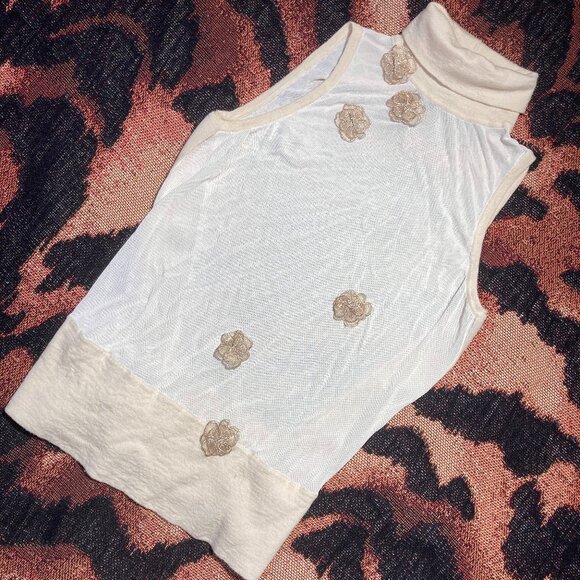Vtg 90s Donna Karan Sleeveless Sheer Mesh Knit Top Turtleneck Sweater Embroidery - Picture 1 of 5